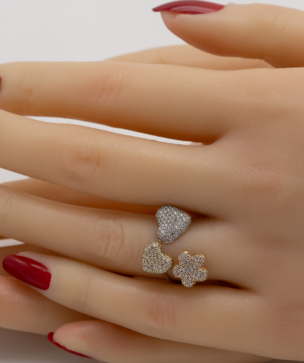 Brillantring Herz und Blume 750er Gold tricolor 