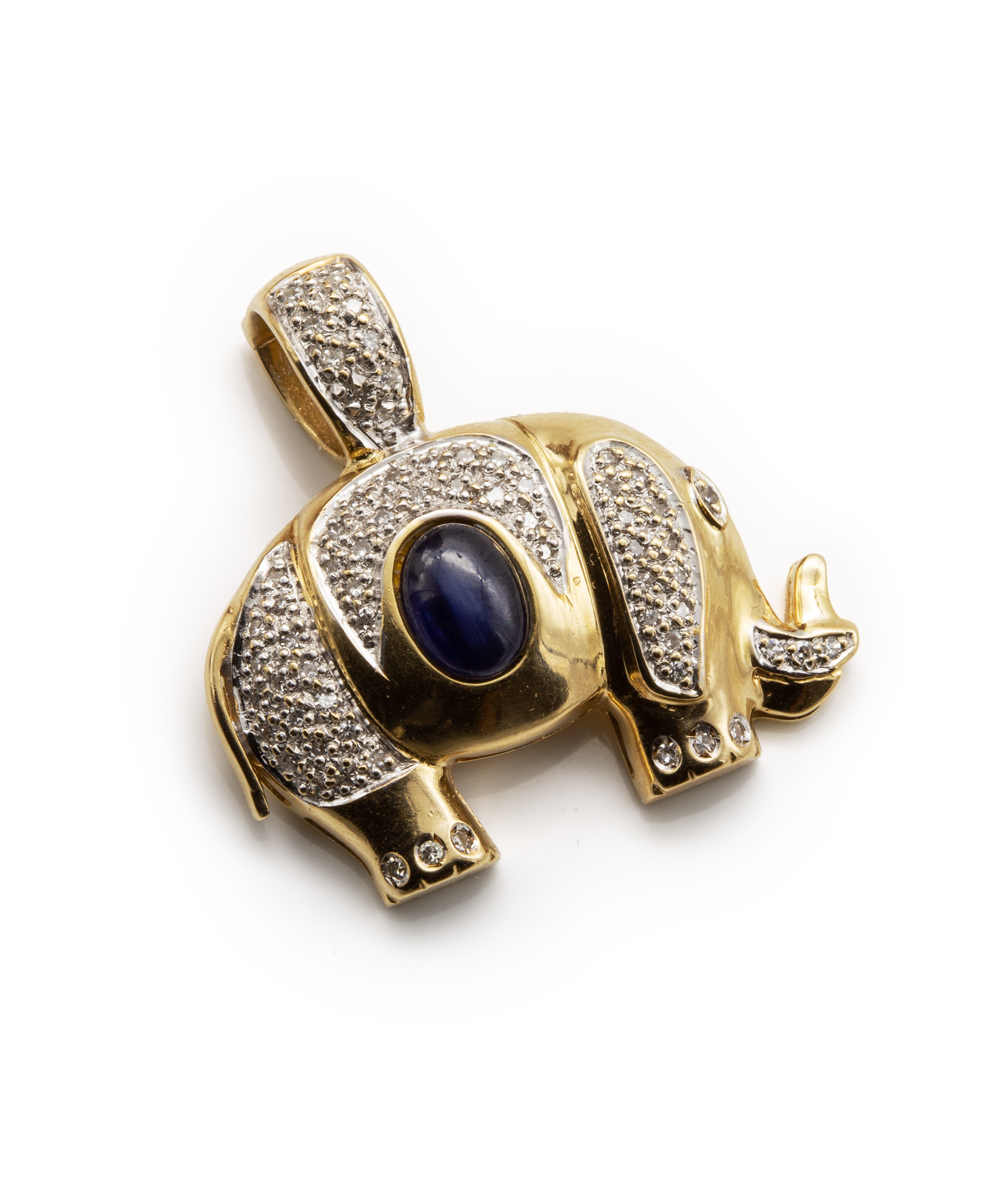 Brillantanhänger Elefant mit Saphir 585er Gold bicolor