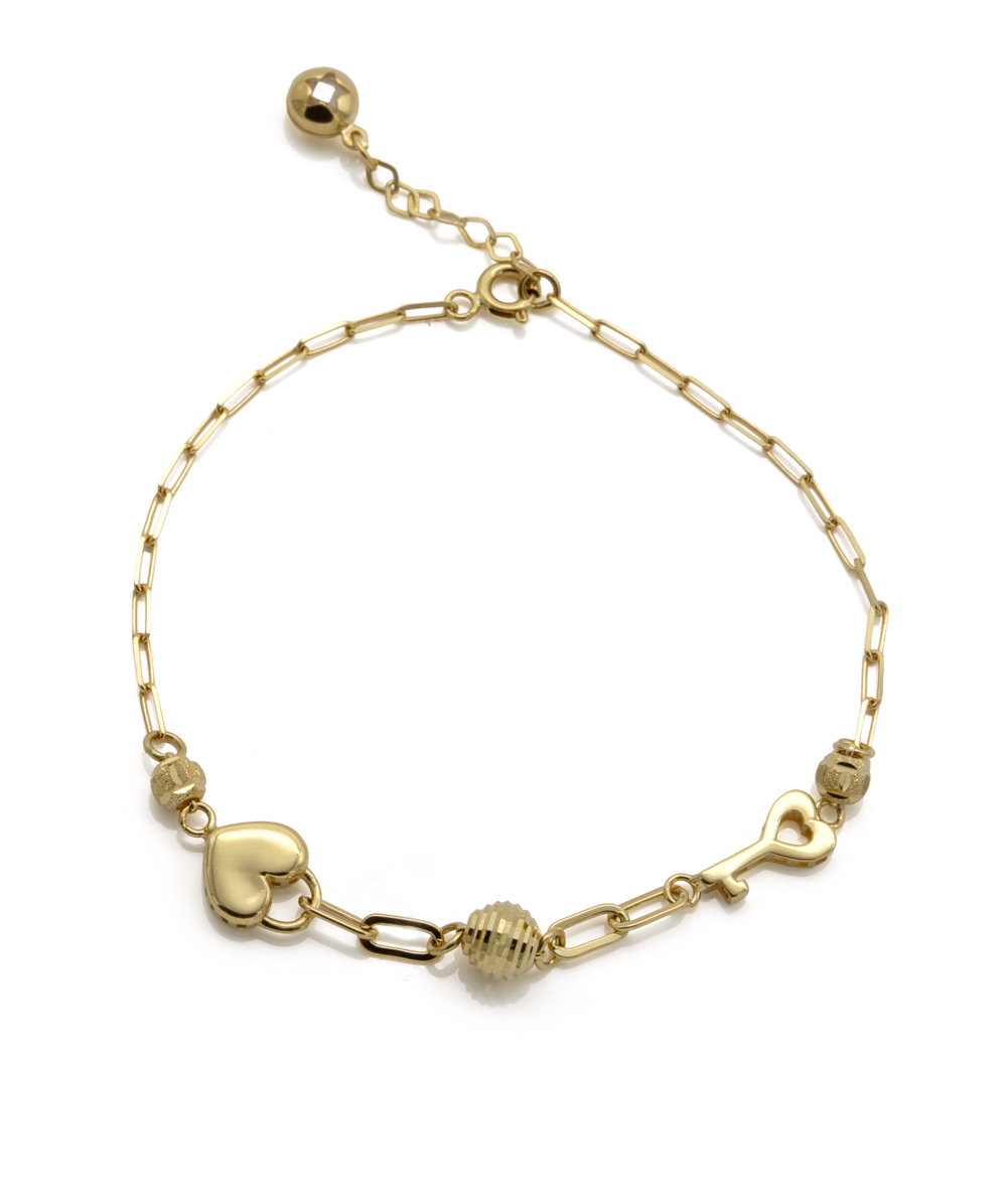 Herzarmband mit Schlüssel und Kugeln 585er Gelbgold