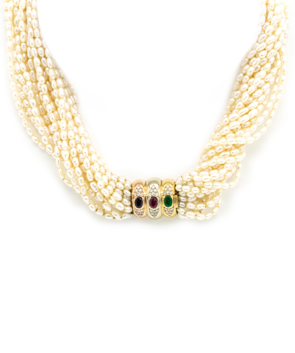 Perlen Collier mit Brillanten und echten Farbsteinen 750er Gold tricolor