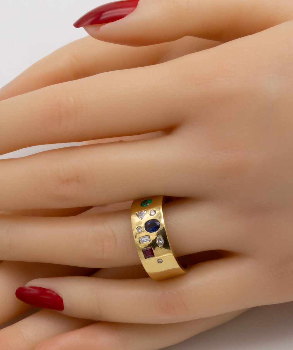 Ring mit Brillanten und Multi-Farbsteinen 750er Gelbgold 