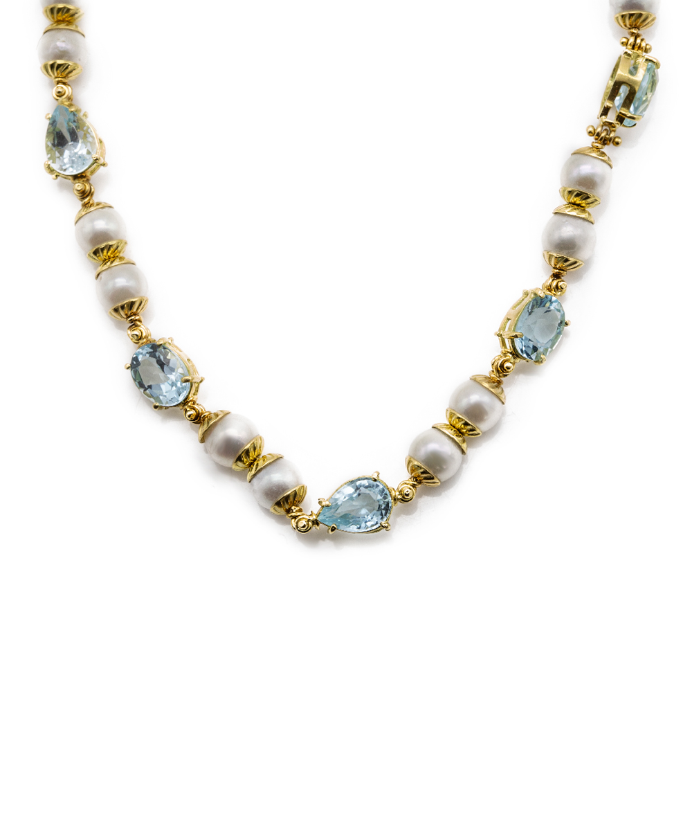 Perlenkette mit Blau-Topas 750er Gelbgold