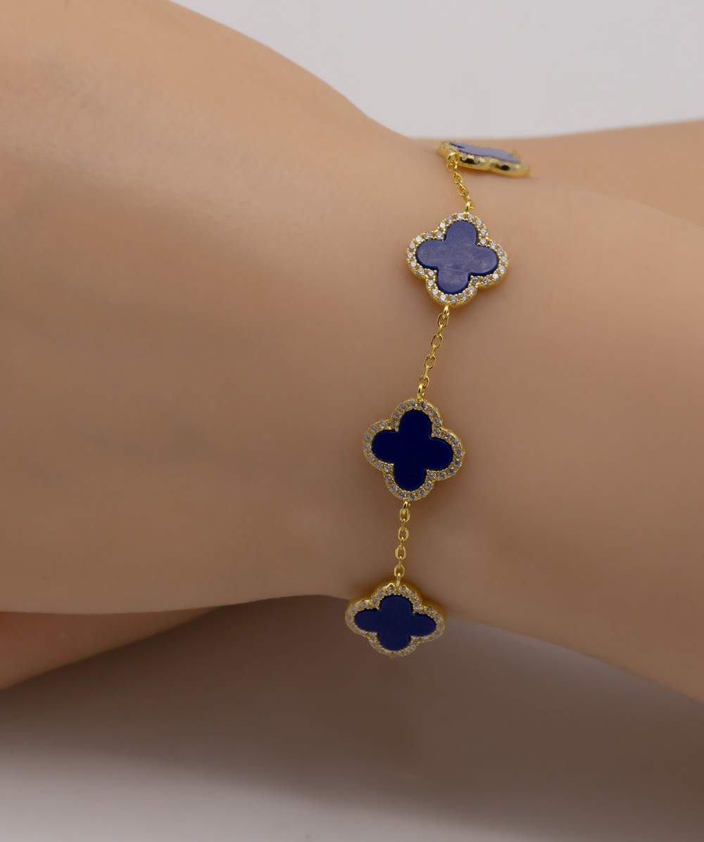 Armband Kleeblatt mit Lapis und Zirkonia 925er Silber vergoldet