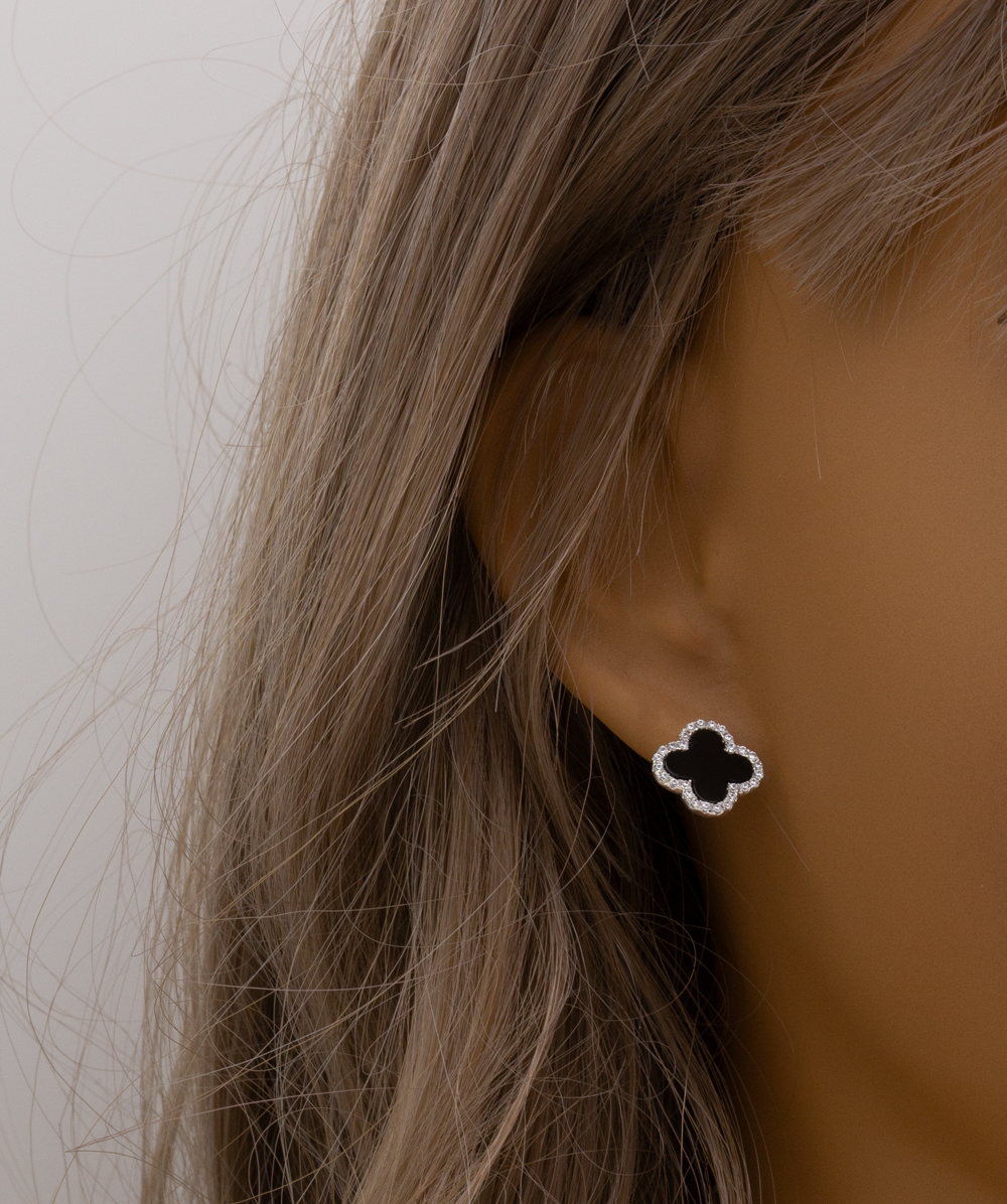 Kleeblatt Ohrstecker Zirkonia und Onyx 925er Silber