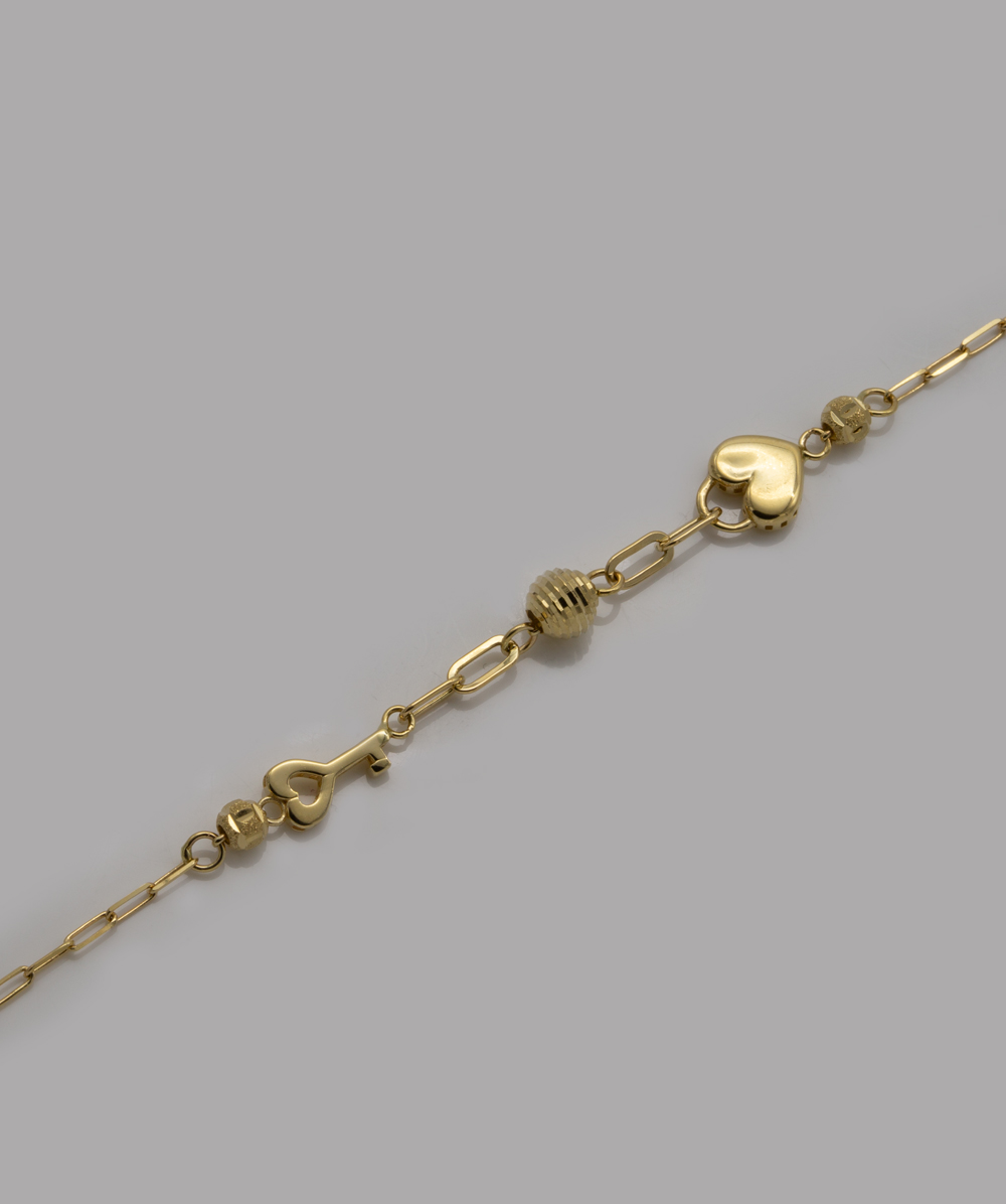 Herzarmband mit Schlüssel und Kugeln 585er Gelbgold