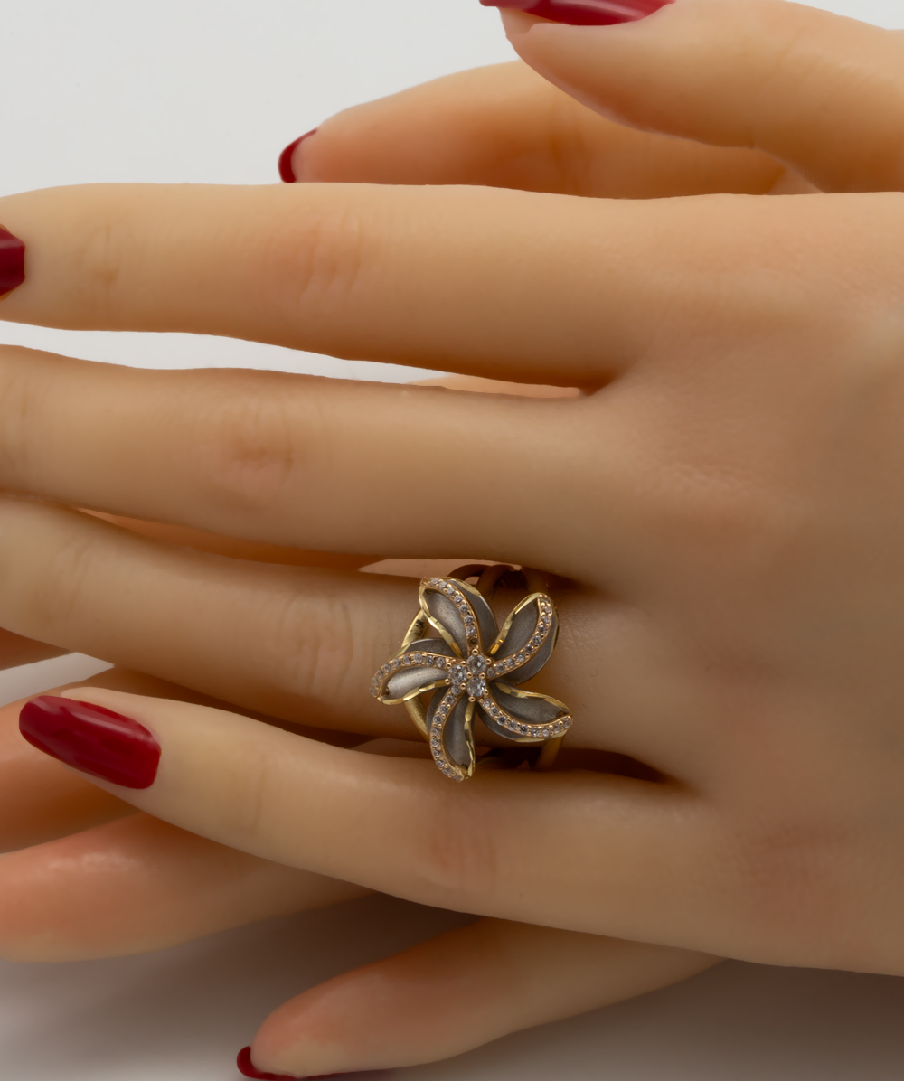 Ring Blume mit Zirkonia 585er Gold bicolor