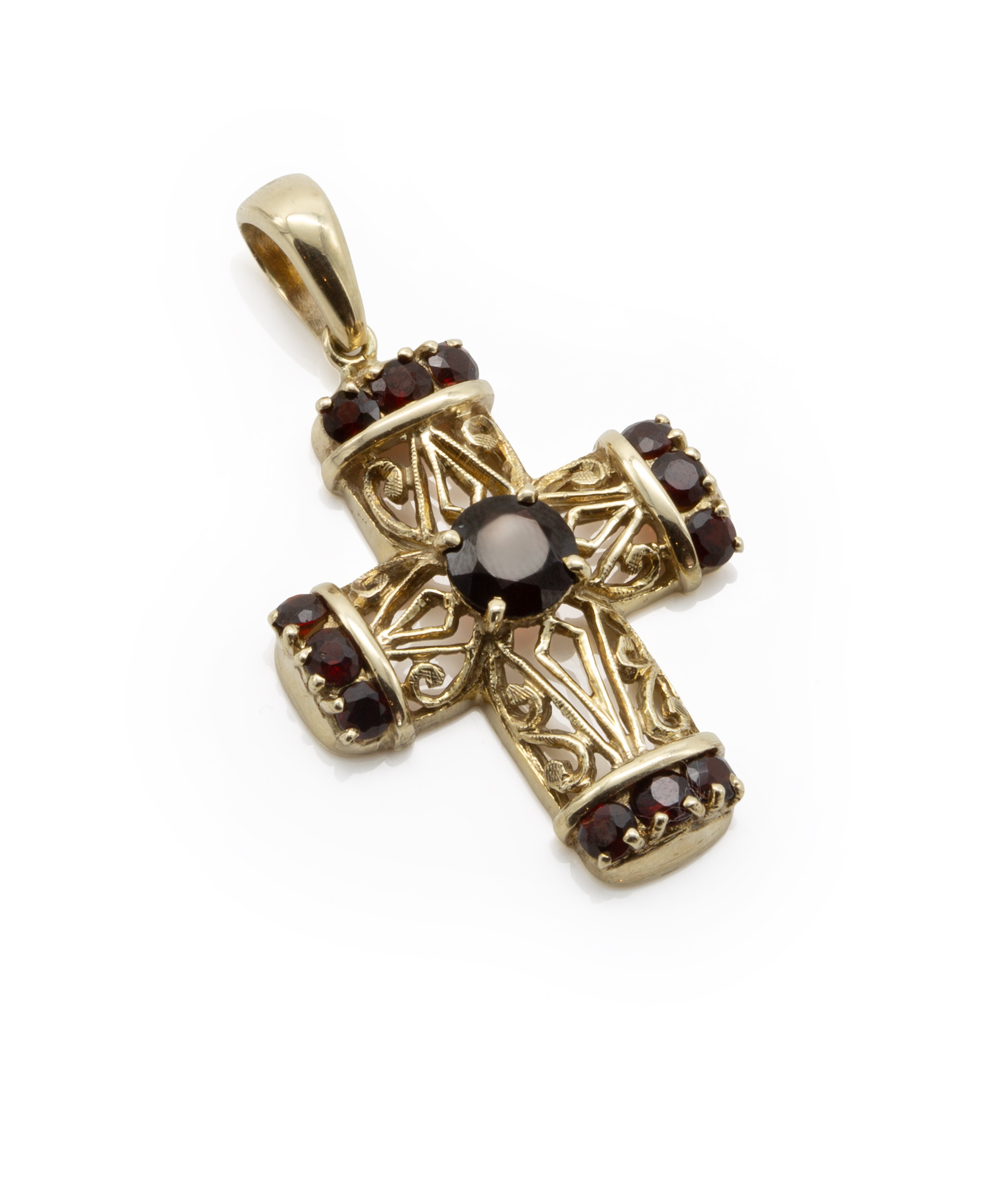 Kreuzanhänger mit Echt Granat 333er Gelbgold