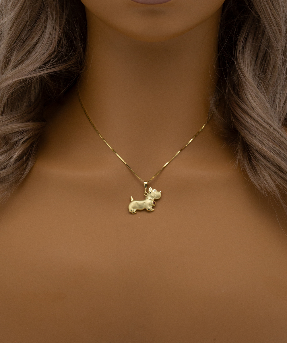Brillantanhänger Hund mit Farbstein 585er Gelbgold