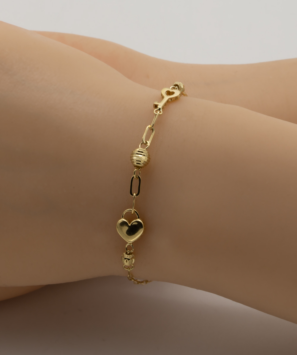 Herzarmband mit Schlüssel und Kugeln 585er Gelbgold