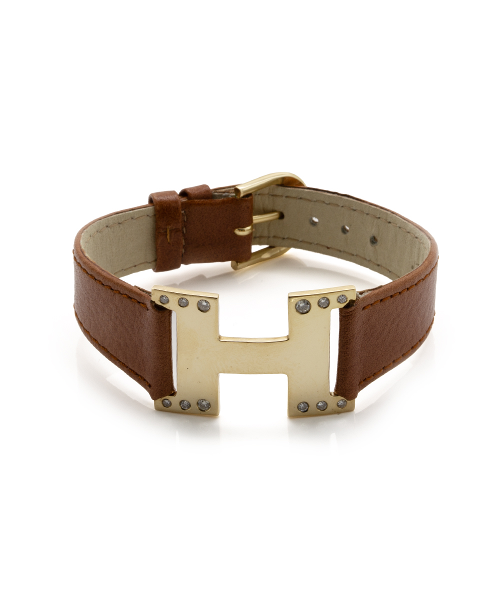 Lederarmband H mit Brillanten 585er Gelbgold 
