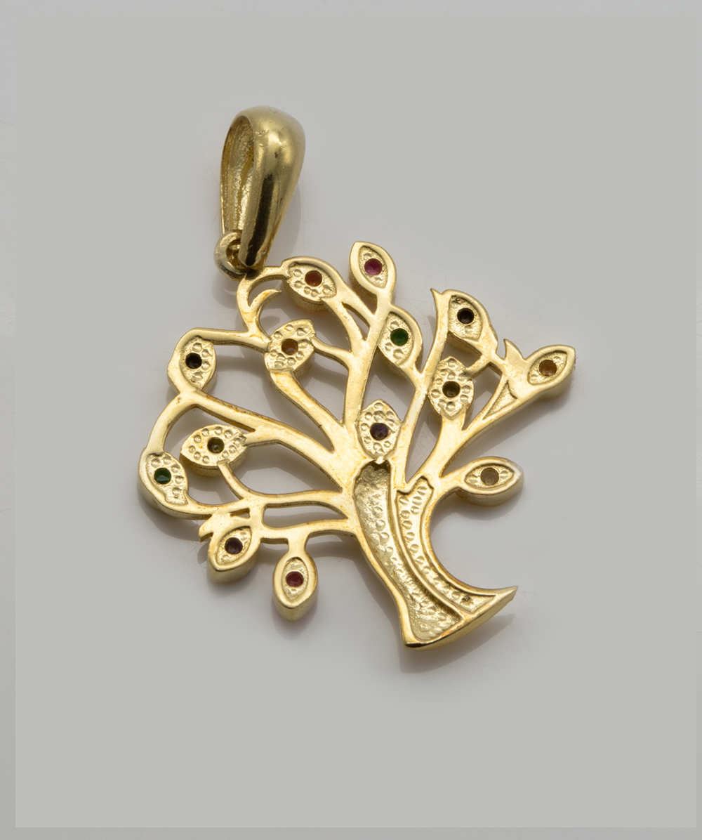 Anhänger Lebensbaum mit Farbsteinen 585er Gelbgold
