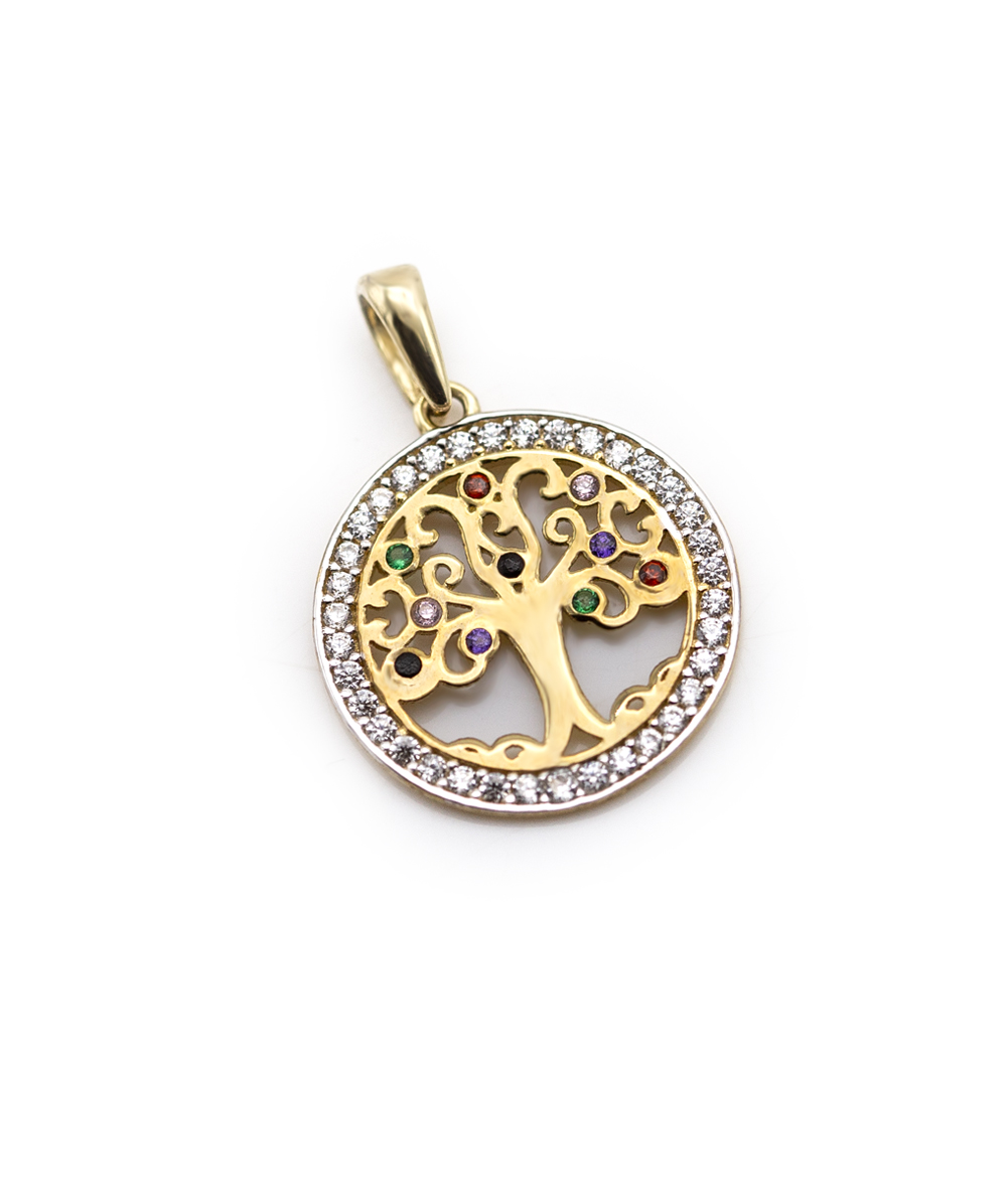 Anhänger Lebensbaum mit Zirkonia-Mulicolor 333er Gelbgold 