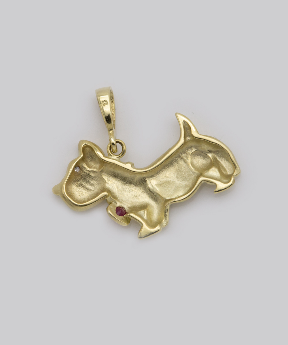 Brillantanhänger Hund mit Farbstein 585er Gelbgold