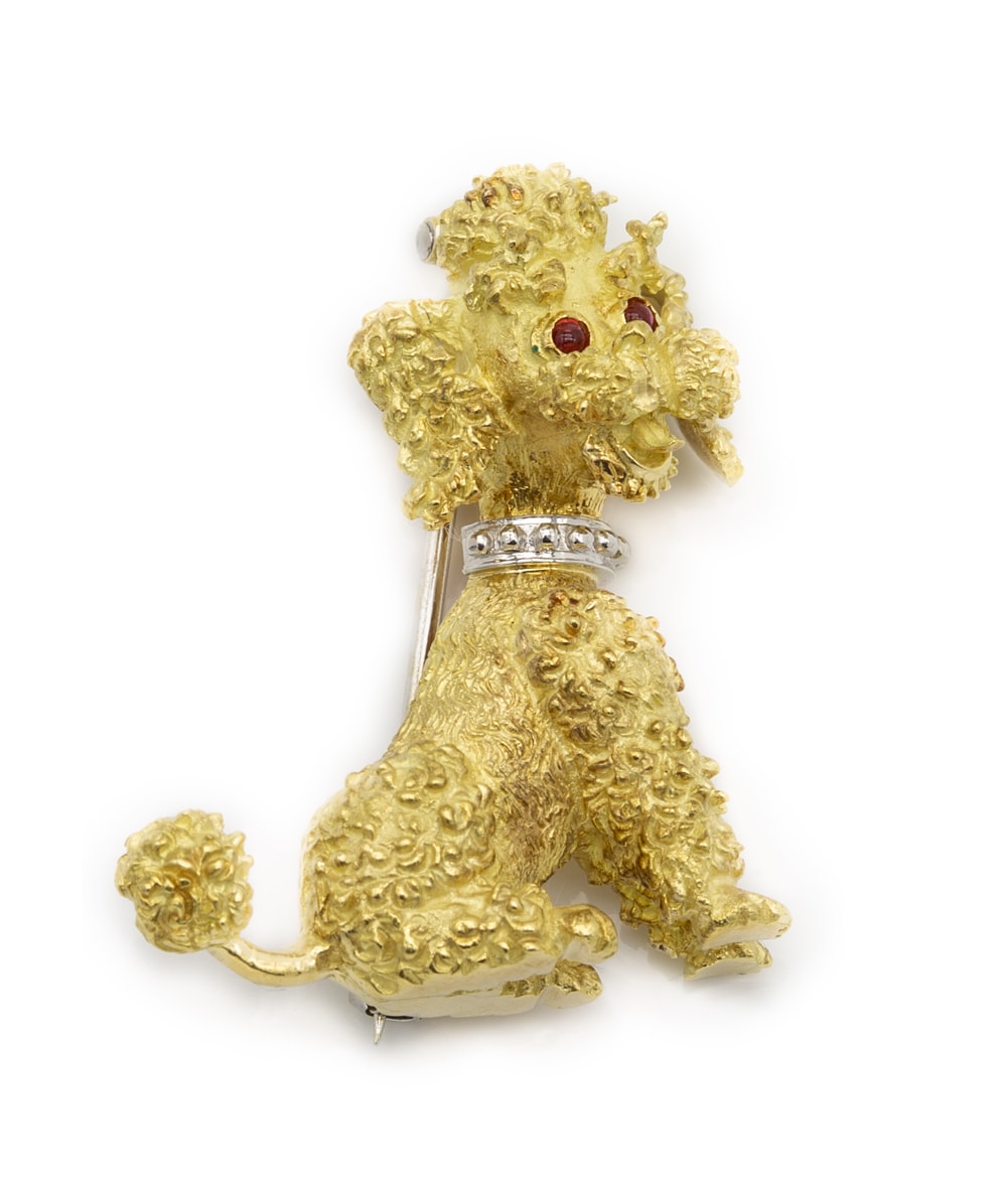 Goldbrosche Pudel mit Rubin 750er Gold bicolor