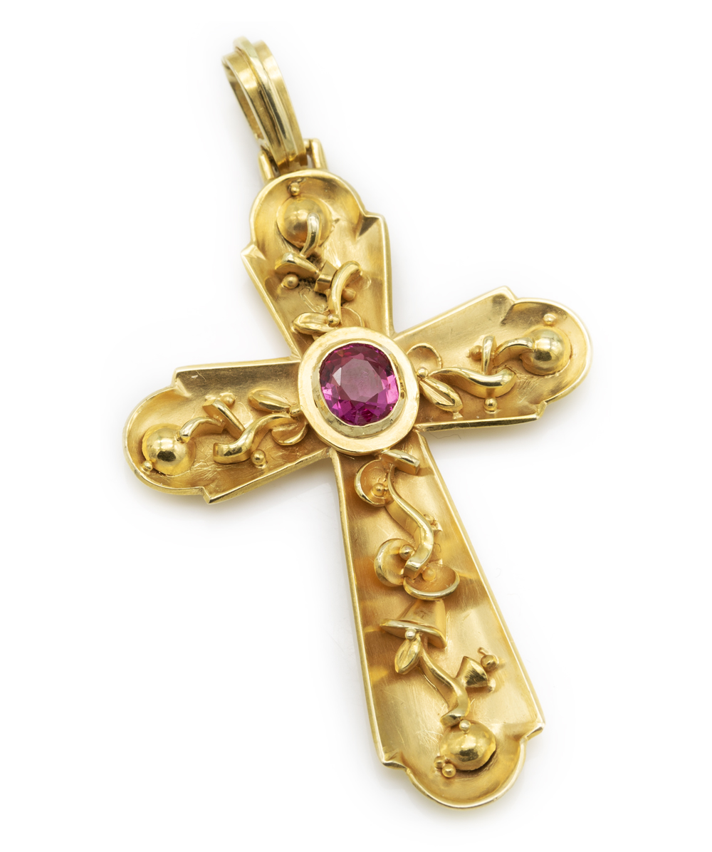 Kreuzanhänger mit Echt Rubin 585er Gelbgold