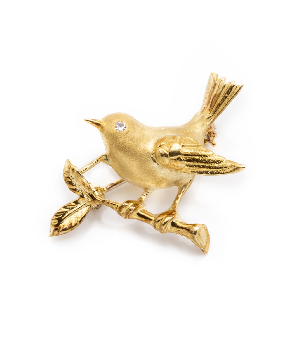 Nadel "Vogel auf Ast" mit Brillantsolitär 750er Gold