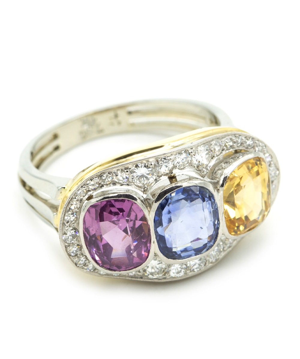 Ring mit Blautopas, Amethyst, Citrin und Brillanten 750er Gold bicolor