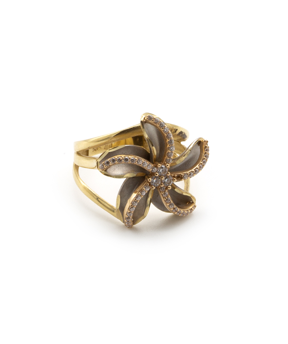 Ring Blume mit Zirkonia 585er Gold bicolor