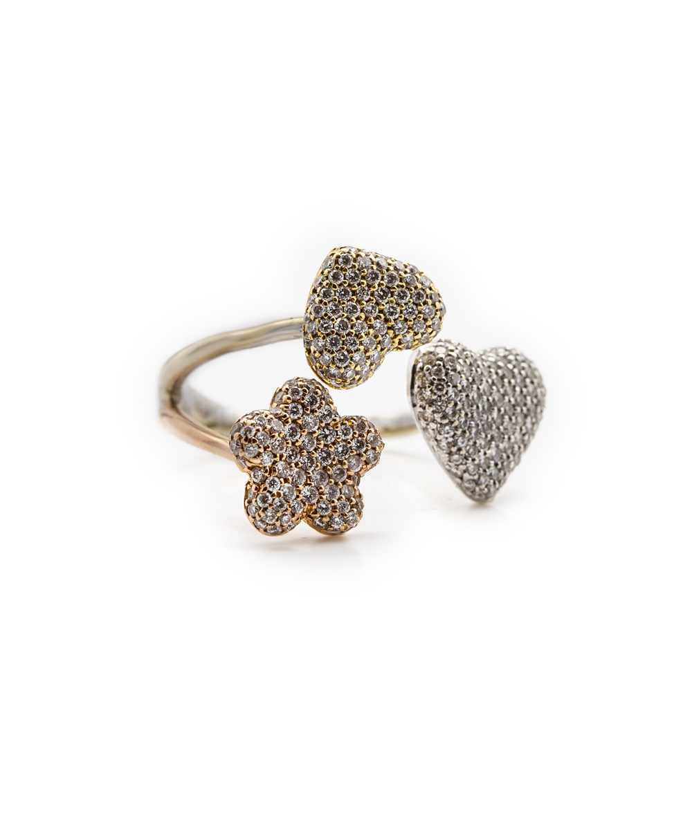 Brillantring Herz und Blume 750er Gold tricolor